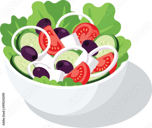 Fresh greek salad with tomatoes cucumbers olives and feta cheese in a white bowl