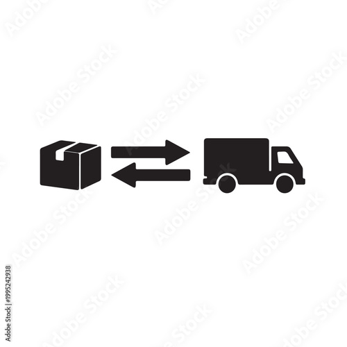 Black silhouette illustration depicting package delivery process with an arrow on transparent background