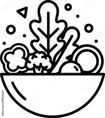 Fresh vegetable salad bowl icon showing healthy food ingredients like broccoli and lettuce leaves in a simple black line art style vector illustration