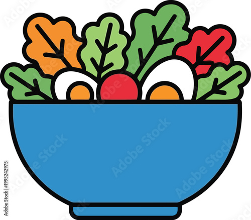Fresh vegetable salad in a blue bowl with lettuce and eggs icon