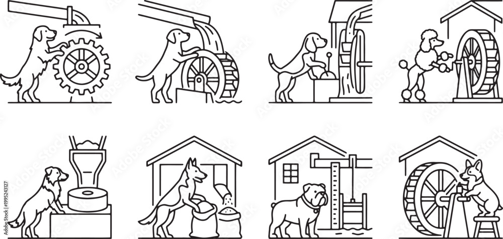 Fototapeta premium Dog characters operating traditional water wheels and industrial grain milling machinery