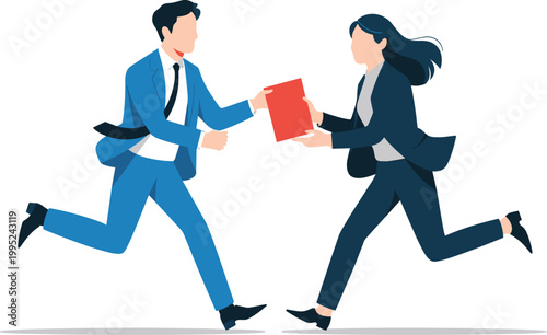 Business professionals rushing to meet deadline, exchanging documents