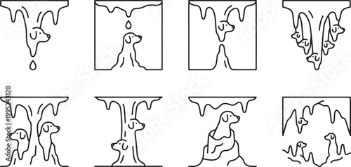 Surreal dog faces and figures forming natural cave stalactites and stalagmites