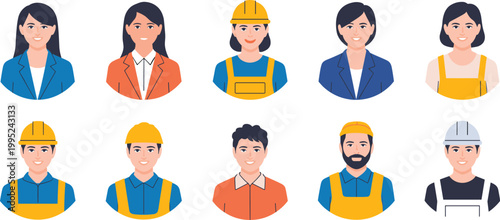 Diverse professional avatars in workwear and safety gear for business and team identity