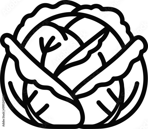 Simple black outline icon of a fresh head of cabbage vegetable for food and health design