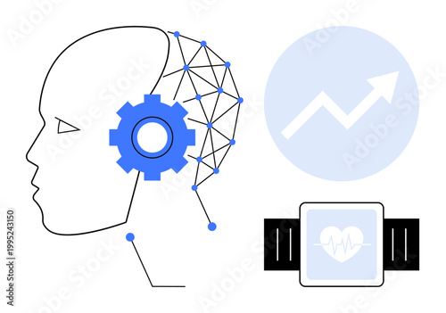 Artificial intelligence, data analytics, wearable technology, smart health, tech innovation, machine learning. Human profile with gear and neural network, graph smartwatch. AI and data analytics