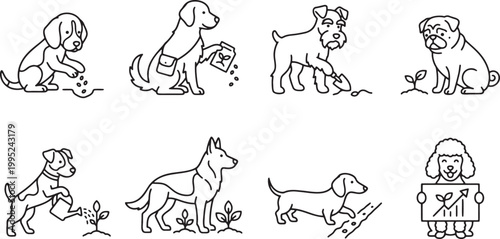 Gardening dogs planting seeds and nurturing plant growth symbols