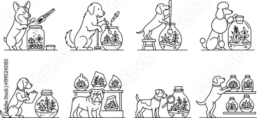Creative hobby icons featuring dogs building and tending terrariums
