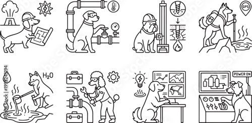 Industrial engineering dogs working with pipes and energy systems