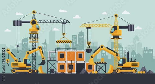 Heavy machinery and construction equipment working on a building site.