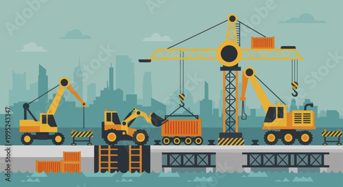 Heavy machinery at a bustling port loading and unloading cargo containers.