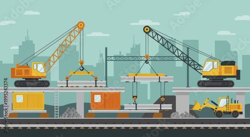 Heavy machinery at a construction site with cranes and trains.