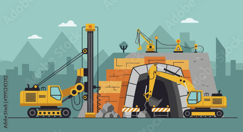 Heavy machinery performing mining and excavation operations at a construction site.