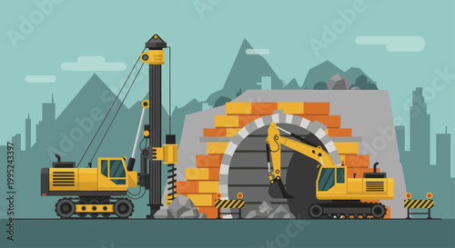 Heavy machinery working on tunnel construction project.