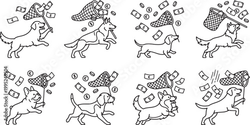 Sticker Active dogs catching falling money and coins with butterfly nets for financial s
