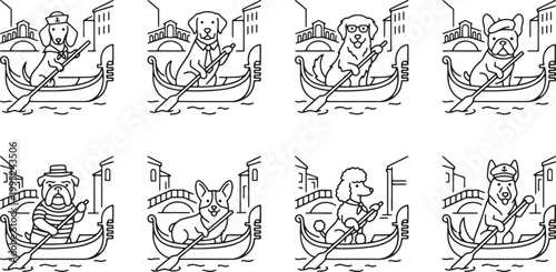 Dog gondolier characters rowing boats through the canals of Venice