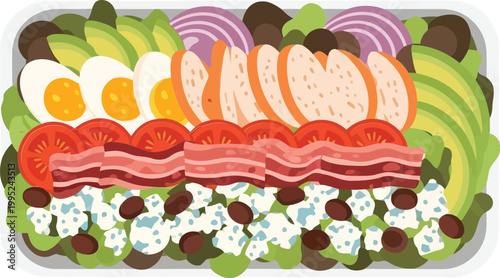 Fresh Cobb salad with chicken, bacon, hard boiled eggs, avocado, and cheese on a plate