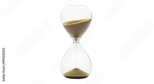 A clear glass hourglass with sand flowing from top to bottom on a black background