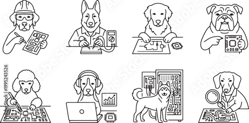 Smart dog technicians working on electronics circuit boards and computer hardware repair