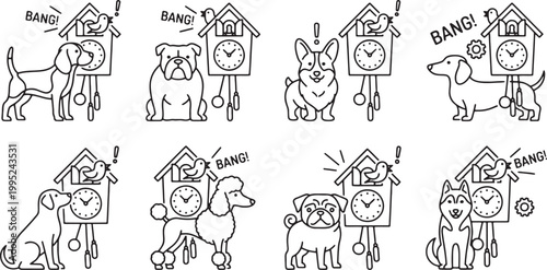 Photography Curious dogs looking at traditional cuckoo clocks with birds popping out for tim