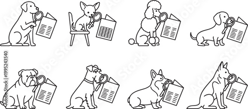 Smart dogs using magnifying glasses to research and analyze data reports