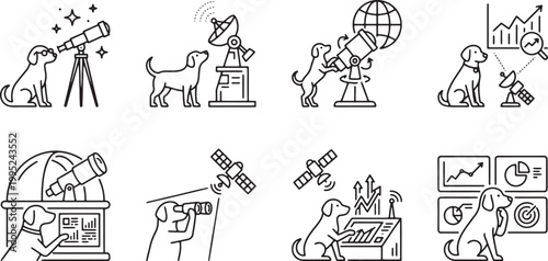 Scientific dogs observing space through telescopes and monitoring satellite data