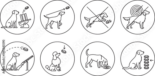 Canine training icons showing dog agility and disc activity
