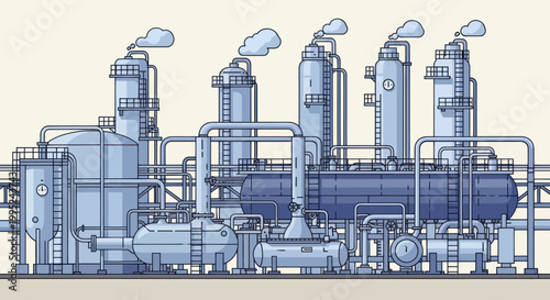 Industrial Chemical Plant with Towers and Pipelines.