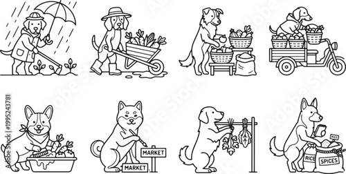 Hardworking dogs performing various farming and market garden tasks