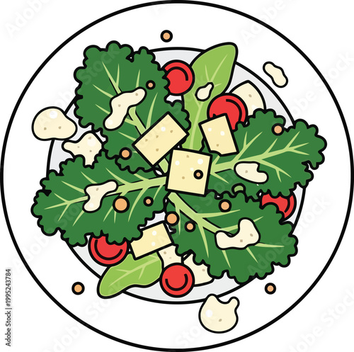 Fresh green kale salad with cherry tomatoes and parmesan cheese on a round plate