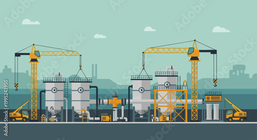 Industrial construction site with cranes and storage tanks.