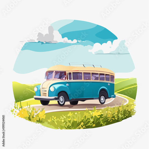 水彩画で描かれたレトロなバスのイラスト