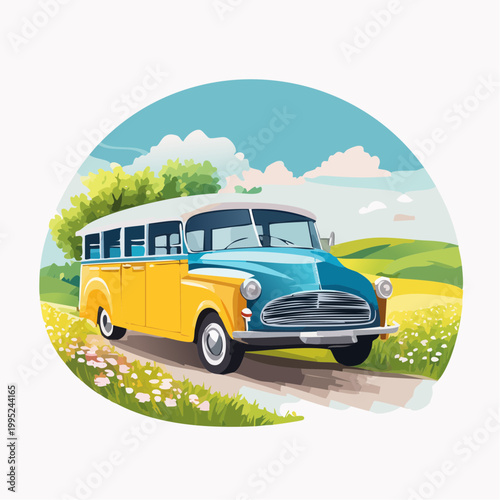 水彩画で描かれたレトロなバスのイラスト