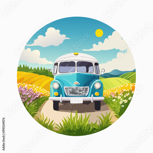 水彩画で描かれたレトロなバスのイラスト