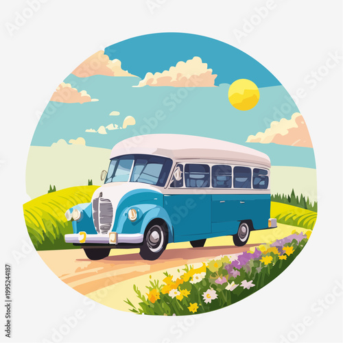 水彩画で描かれたレトロなバスのイラスト