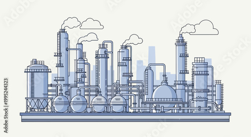 Industrial factory complex with multiple towers and smoking chimneys.