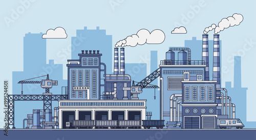 Industrial factory complex with smoking chimneys and freight train.