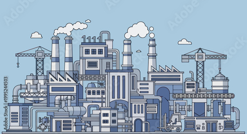Industrial Factory Complex with Smoking Chimneys and Cranes.