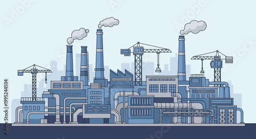 Industrial factory complex with smoking chimneys and cranes.