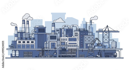 Industrial Factory Complex with Smoking Chimneys and Production Facilities.
