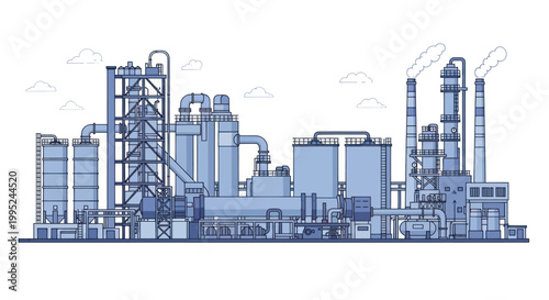 Industrial Factory Complex with Smoking Chimneys and Storage Tanks.