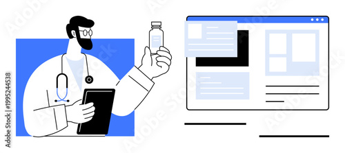 Healthcare, telemedicine, digital tools, online consultations, medical analysis, pharmaceutical use. Doctor holding medicine and tablet near computer screen. Healthcare and telemedicine concept
