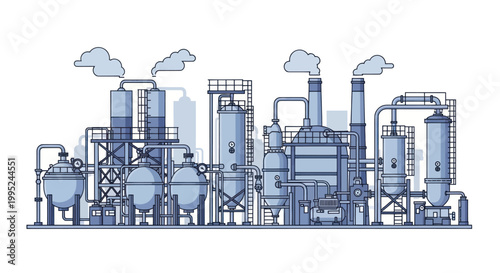 Industrial factory complex with smoking chimneys and storage tanks.