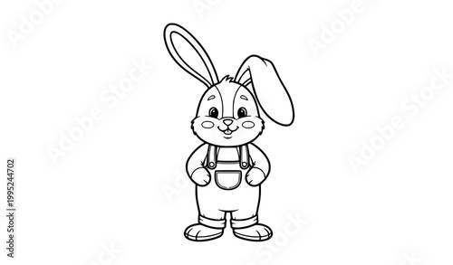 Cute bunny rabbit in overalls black and white line art vector illustration friendly character for kids coloring page