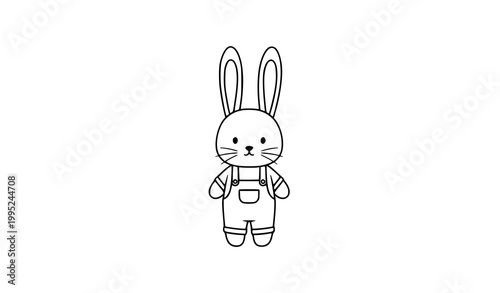 Minimal bunny rabbit in overalls black and white contour line vector illustration simple cute character coloring page