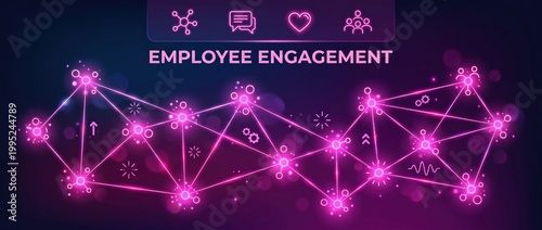 Employee engagement network glowing with connection and communication icons on a dark background