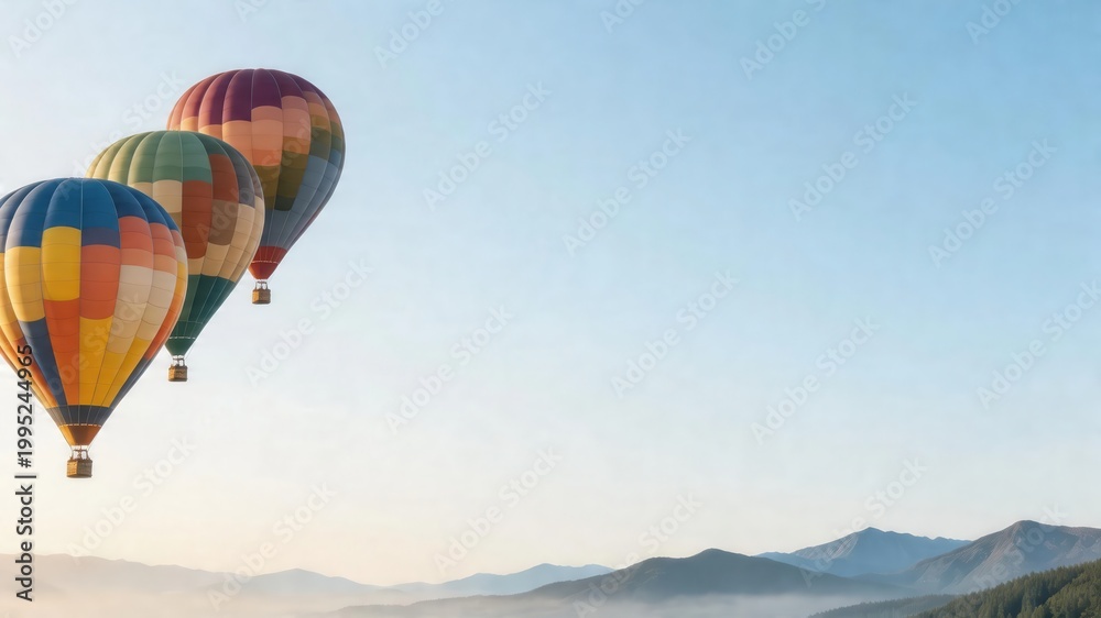 Obraz premium Hot air balloons float above mountains during sunrise over a clear sky