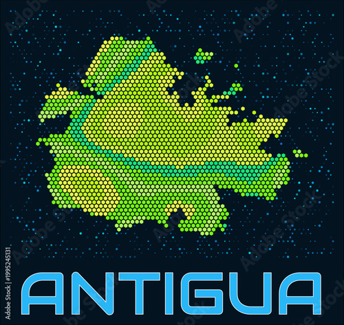 Antigua hexagon dots map. Digital style shape of the island. Antigua map and title. Tiny green colored hexagons, sparse blue dots at background. Vector Illustration.