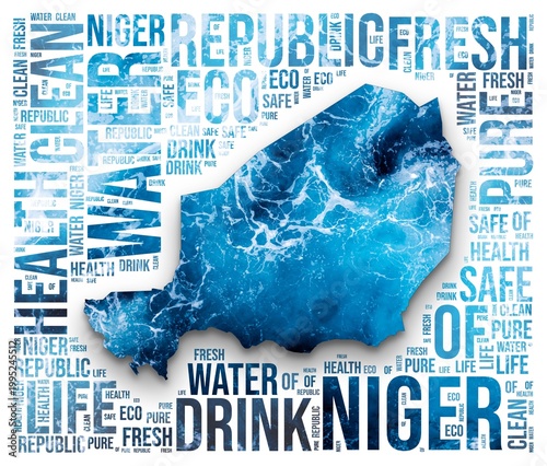 Niger. Water concept illustration. Silhouette of the country. Word cloud with blue, marbled water texture. Niger shape with related tag words. Awesome illustration.