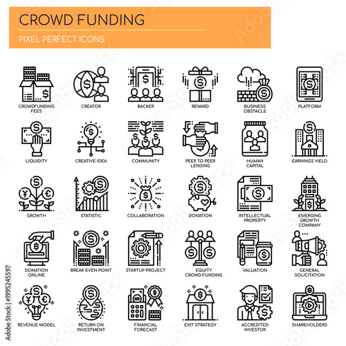 Crowdfunding , Thin Line and Pixel Perfect Icons